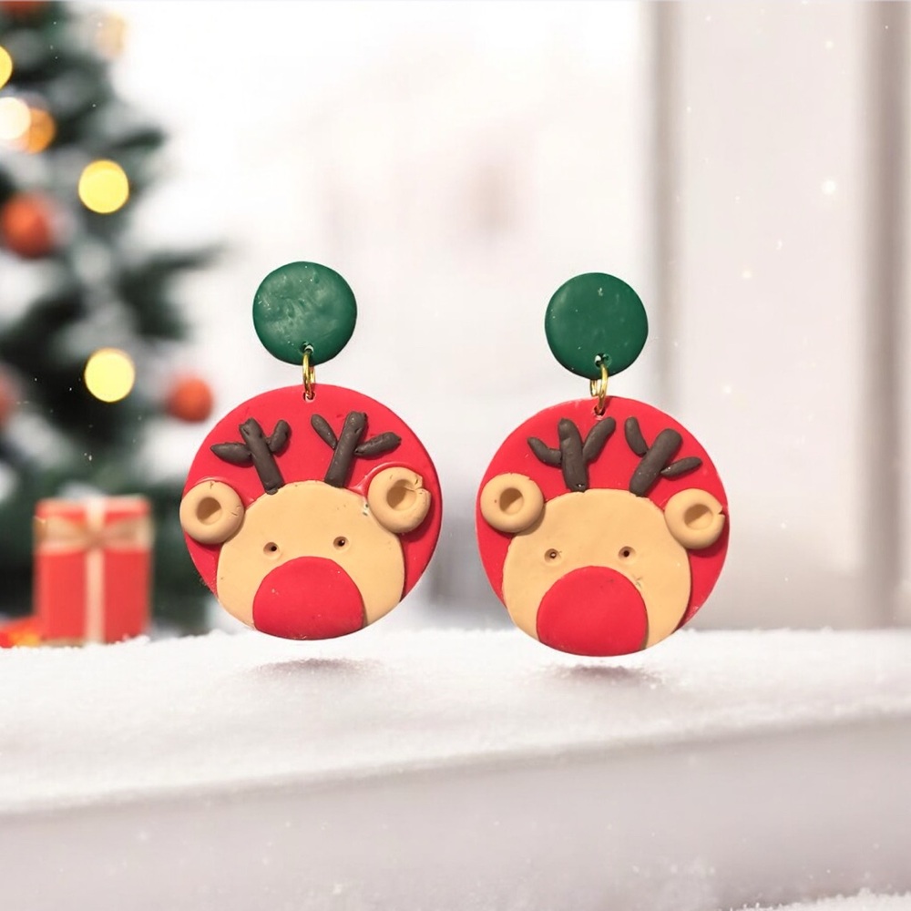 Polymer clay Festive Reindeer Earrings - Red and Green